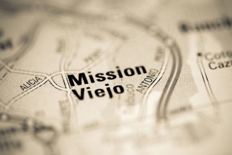 A close up of the word mission viejo on a map