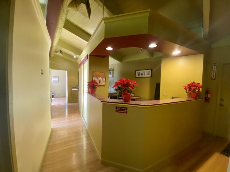 A clinic lobby with three pink flower vases