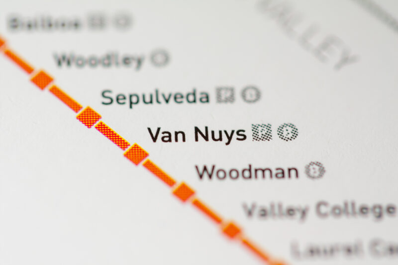 A close up of the word van nuys on a map