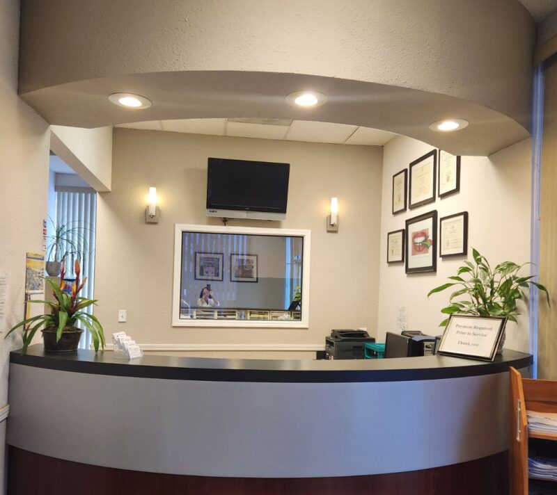 A view of the front desk from inside.